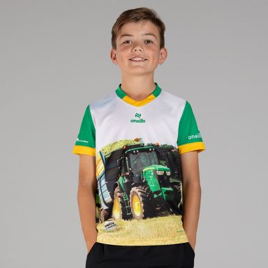 Kids' Green Day O’Neills ploughing jersey with image of green tractor and O’Neills ball on the front.