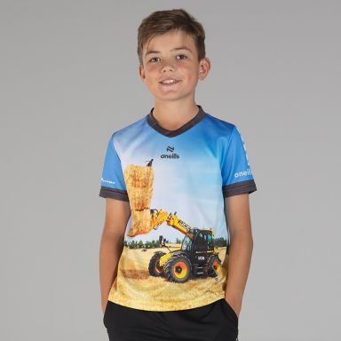 Kids’ Game Changer O’Neills ploughing jersey with image JCB tractor and O’Neills ball on the front.