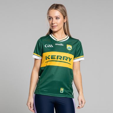 Green Kerry GAA Home Jersey 2024 with ribbed crew neck collar by O’Neills.