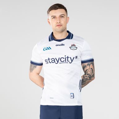 White Dublin GAA Goalkeeper Jersey 2024 Player Fit with navy knitted collar by O’Neills.