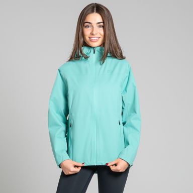 Green women's full zip rain jacket with hood.