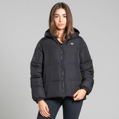 O’Neills Cascade Women’s Hooded Padded Jacket Black with quilted panels and full zip front.