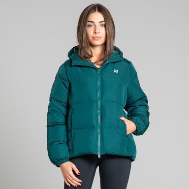 O’Neills Cascade Women’s Hooded Padded Jacket Green with quilted panels and full zip front.