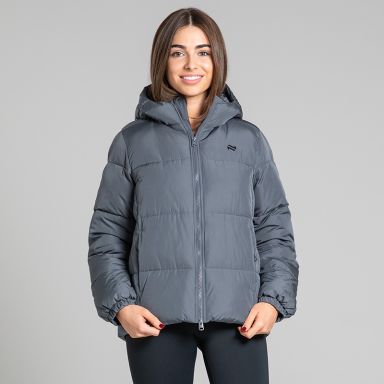 O’Neills Cascade Women’s Hooded Padded Jacket Grey with quilted panels and full zip front.