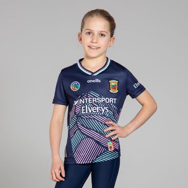 O’Neills Navy Mayo Camogie Kids' Alternative Jersey 2025 with ribbed crewneck by O’Neills.
