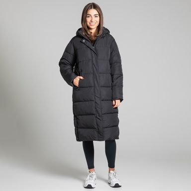 O’Neills Women’s Solace Longline Hooded Jacket Black with quilted padded panels and an adjustable hood.