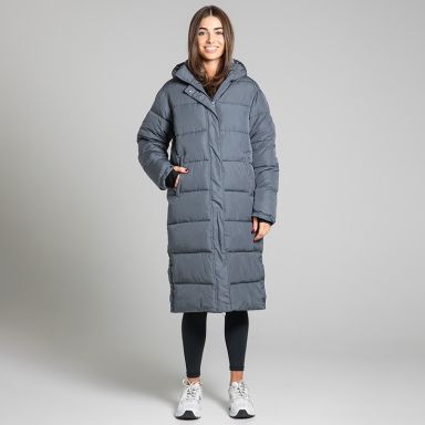 O’Neills Women’s Solace Longline Hooded Jacket Grey with quilted padded panels and an adjustable hood.