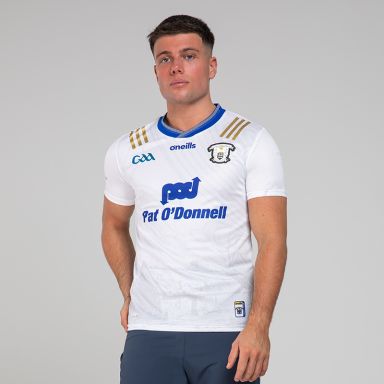 White Clare GAA Commemoration Jersey Player Fit with Michael Cusack cottage on the front and image of Michael Cusack on the sleeve by O’Neills.