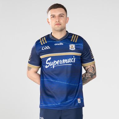 Blue and Gold Galway GAA Commemoration jersey with 1923/24 in gold on the back by O’Neills.