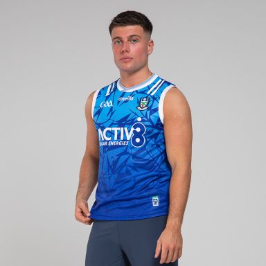 Blue Monaghan GAA Alternative Vest 2024 with ribbed crewneck by O’Neills.