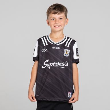 O’Neills Black Galway GAA Kids' Goalkeeper Jersey 2025 with ribbed crewneck by O’Neills.