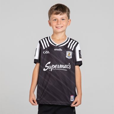 O’Neills Black Galway GAA Kids' Goalkeeper Jersey 2025 with ribbed crewneck by O’Neills.