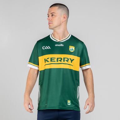 Green Kerry GAA Home Jersey 2024 with ribbed crew neck collar by O’Neills.
