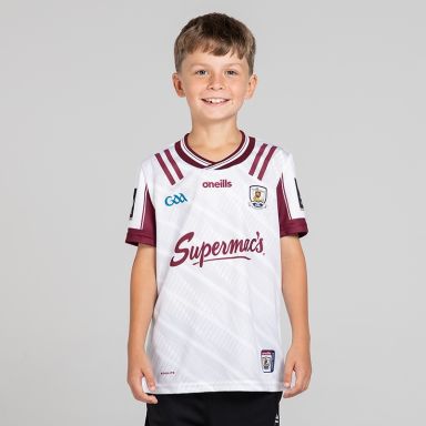 O’Neills White Galway GAA Kids' Goalkeeper Jersey 2025 with ribbed crewneck by O’Neills.
