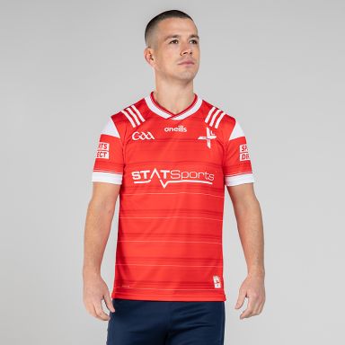 Red Louth GAA Home Jersey 2024 Player Fit with White knitted collar by O’Neills.