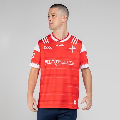 Red Louth GAA Home Jersey 2024 with White knitted collar by O’Neills.