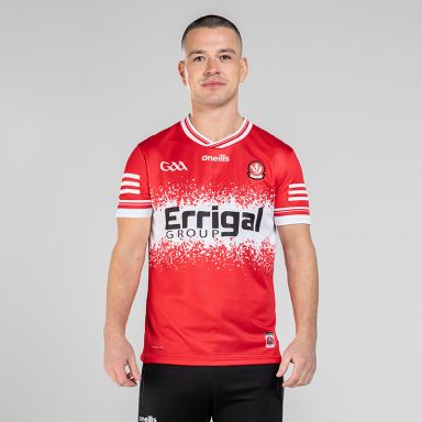 Red Derry GAA Home Jersey 2024 with Errigal Group sponsor logo on the chest by O’Neills.