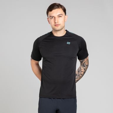Black Men’s Ignite Training T-Shirt with Blue print design on sleeves by O’Neills.