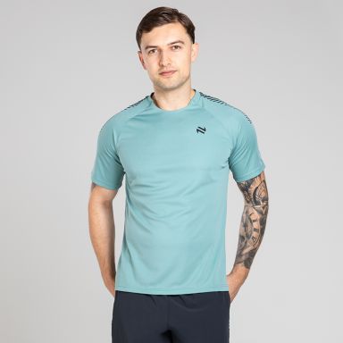 Blue Men’s Ignite Training T-Shirt with Black print design on sleeves by O’Neills.