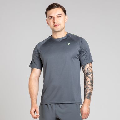Grey Men’s Ignite Training T-Shirt with Green print design on sleeves by O’Neills.