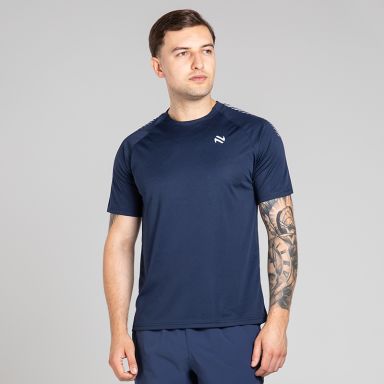 Navy Men’s Ignite Training T-Shirt with Grey print design on sleeves by O’Neills.