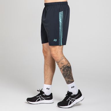 Black Men’s Ignite Training Shorts with Blue print design and two zip pockets by O’Neills.