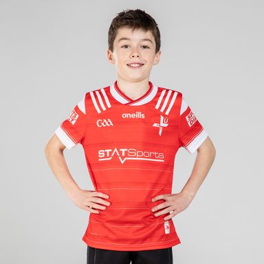 Red Louth GAA Home Jersey 2024 with White knitted collar by O’Neills.