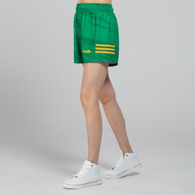 Green Women's O’Neills Connell Shorts with three colour stripes on each leg and an all-over design.