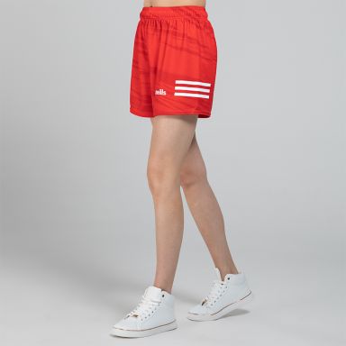 Women's red O’Neills Connell Shorts with three colour stripes on each leg and an all-over design.
