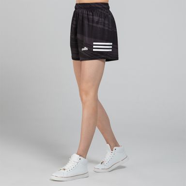 Black Women's O’Neills Connell Shorts with three colour stripes on each leg and an all-over design.