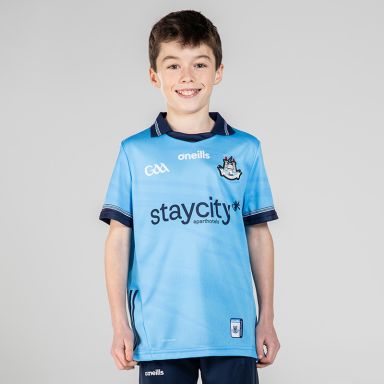 Sky Dublin GAA Home Jersey 2024 with navy knitted collar by O’Neills.