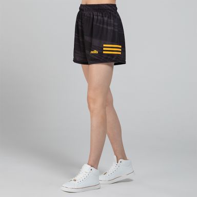 Black Women's O’Neills Connell Shorts with three colour stripes on each leg and an all-over design.