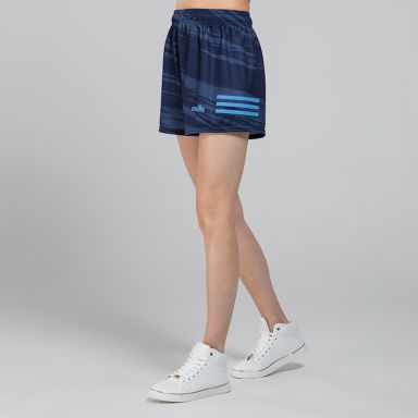 Navy Women's O’Neills Connell Shorts with three colour stripes on each leg and an all-over design.