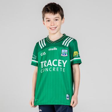 Green Fermanagh GAA Home Jersey 2024 with pinstripe design and Tracey concrete sponsor logo on the chest by O’Neills.