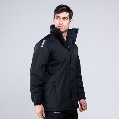 Black Men's Touchline jacket with a high collar, detachable hood and pockets by O'Neills. 