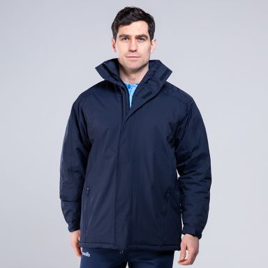 Navy Men's Touchline jacket with a high collar, detachable hood and pockets by O'Neills.