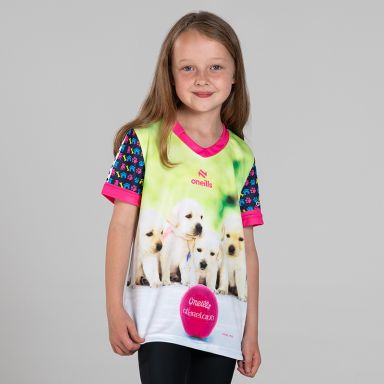 Kids’ Paw-ty Time O’Neills ploughing jersey with image of puppies and O’Neills football on the front.
