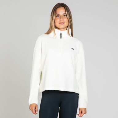 White Women's Sadie Half Zip from O’Neills featuring a deep funnel neck collar and adjustable waistband with toggle 