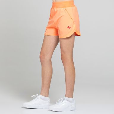Orange Girls’ Ember Training Shorts with zipped pockets and a drawcord waistband