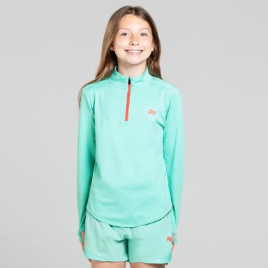 Green Girls’ Ember Half Zip Top with thumbhole cuffs and half zip fastening detail