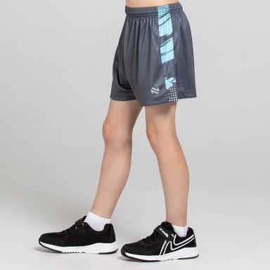 Grey O’Neills Blast Shorts featuring graphic side panels and a reflective logo