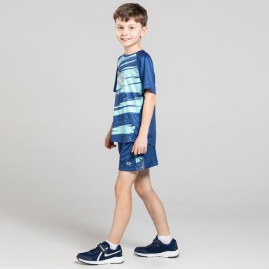 Boys Blast T-Shirt & Shorts set in Marine. Bold graphic designs with reflective logos from O’Neills.