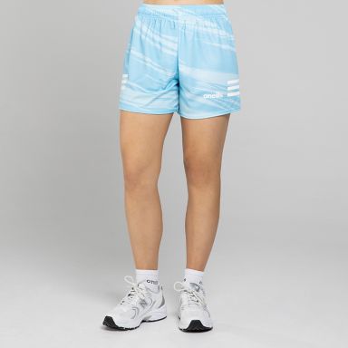 Sky blue O’Neills Connell Shorts with three white stripes on each leg and an all-over design.