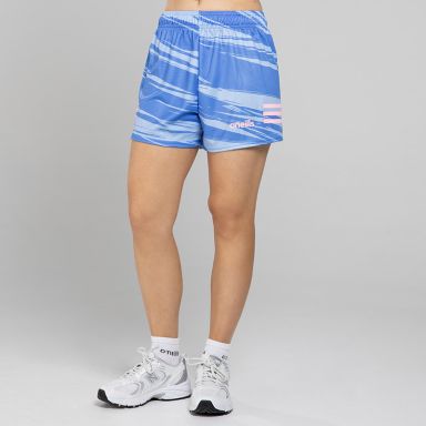 Blue O’Neills Connell Shorts with three pink stripes on each leg and an all-over design.