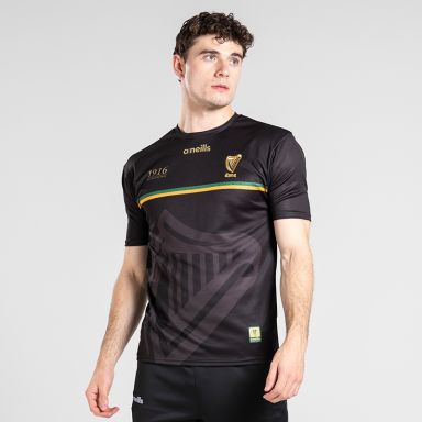 Black 1916 commemoration jersey with watermarked harp design and historic Poblacht na hÉireann on back by O'Neills. 