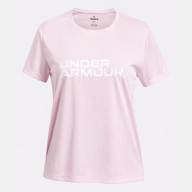 Pink Under Armour Kids' UA Tech Twist Wordmark Logo T-Shirt from O'Neills