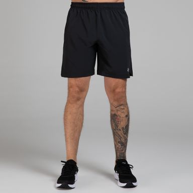 Black Men’s React Woven 8-inch Sports Shorts with elastic waistband and zip pocket, lightweight and breathable for running and training