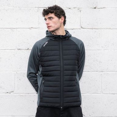 Black and grey men's lightweight full zip padded jacket with hood from O'Neills.