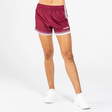 Women's maroon and white nelson GAA shorts from O'Neills.