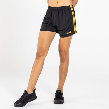 Women's black mourne shorts with amber stripes from O'Neills.